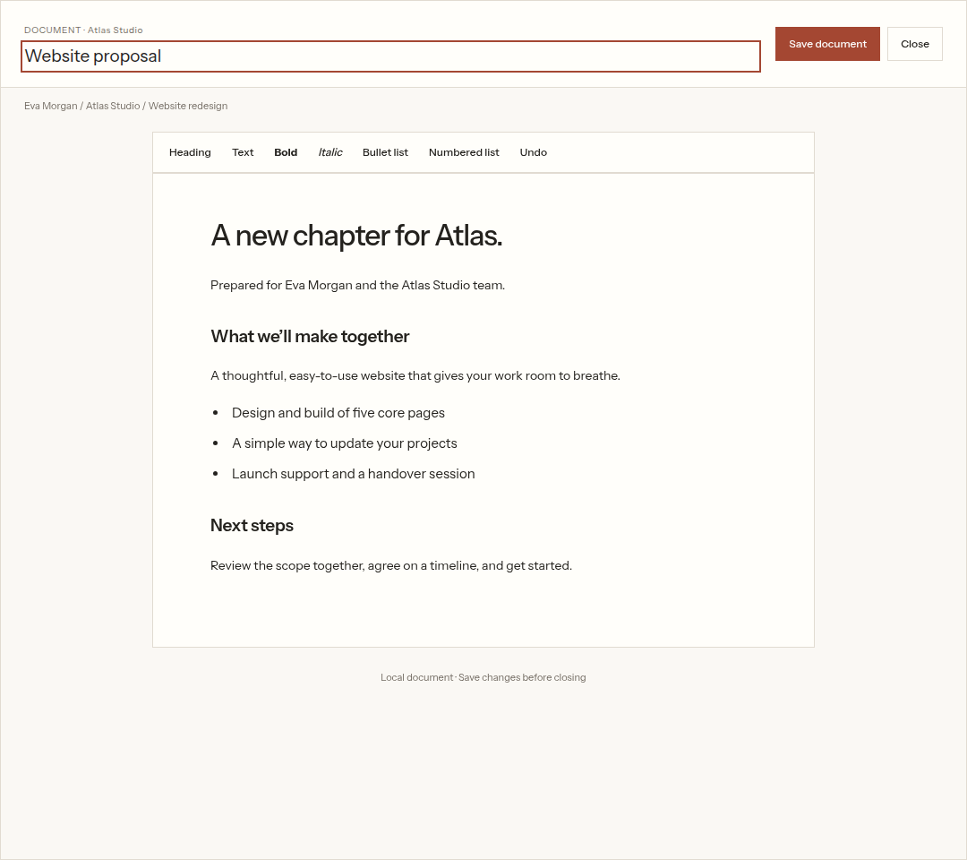 CRM document browser with folders and editor