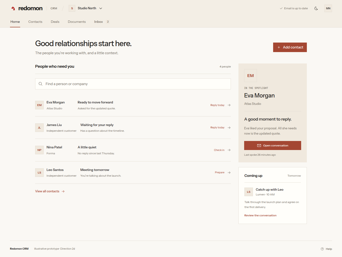 Redomon CRM home with people and organization contacts